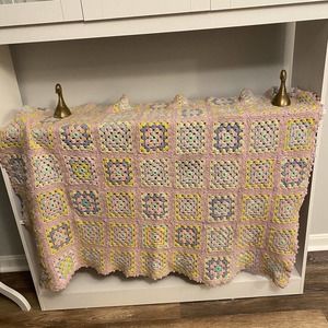 Handcrafted Crocheted Vintage Afghan Granny Square Pink Purple 50 X 40 Throw